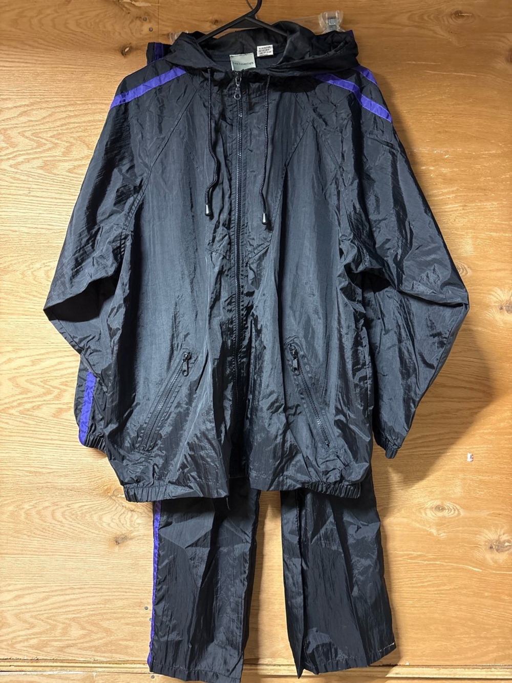 Shedrain Vintage Black Windbreaker Jacket and Pants with Purple Trim